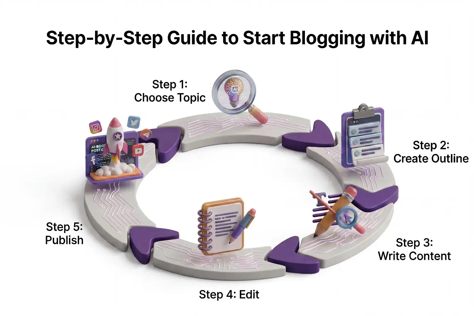 Step-by-step AI blogging process from choosing topic to writing, editing, and publishing content.