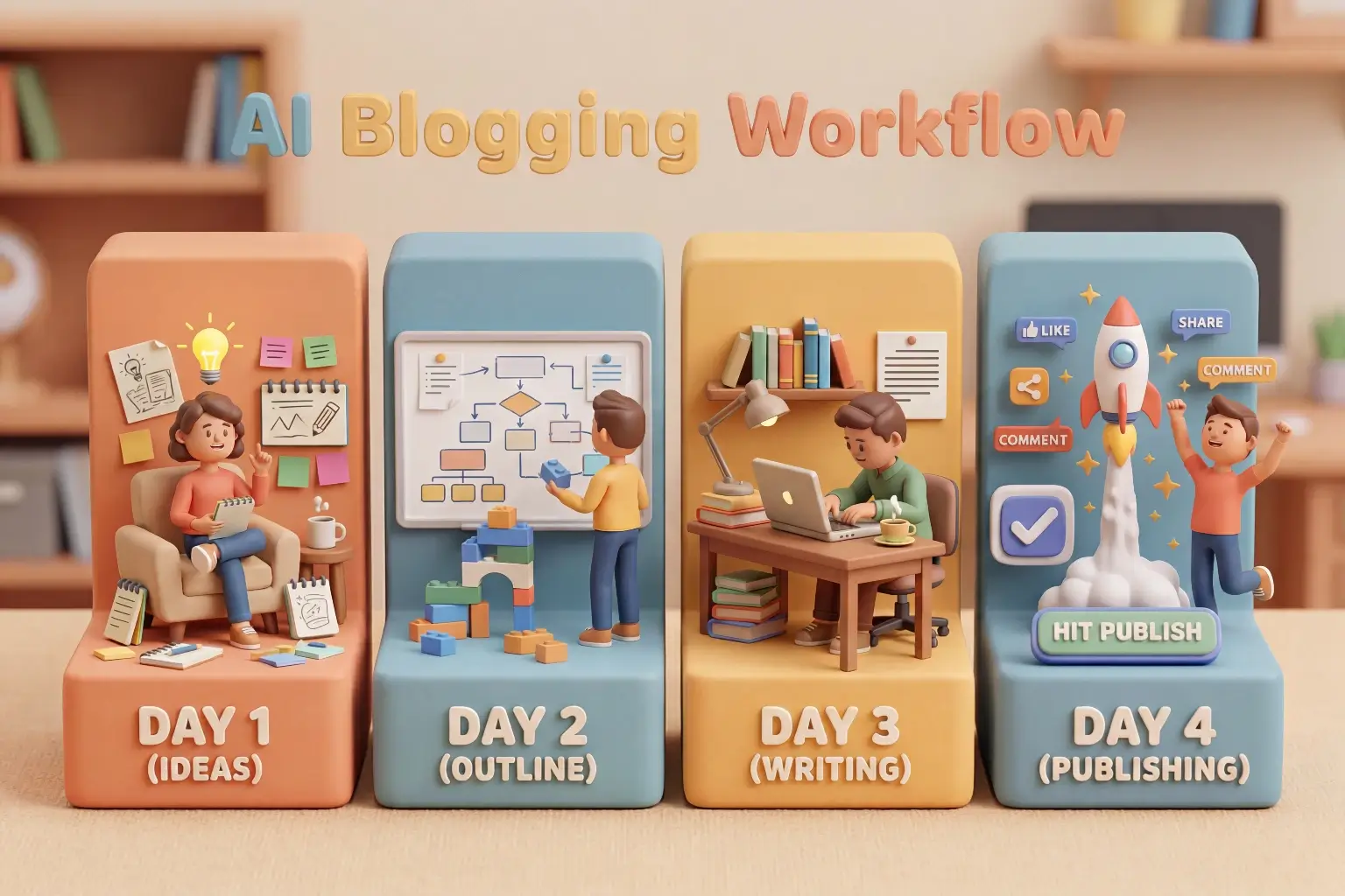AI blogging workflow plan showing idea generation, writing, and publishing schedule for consistency.