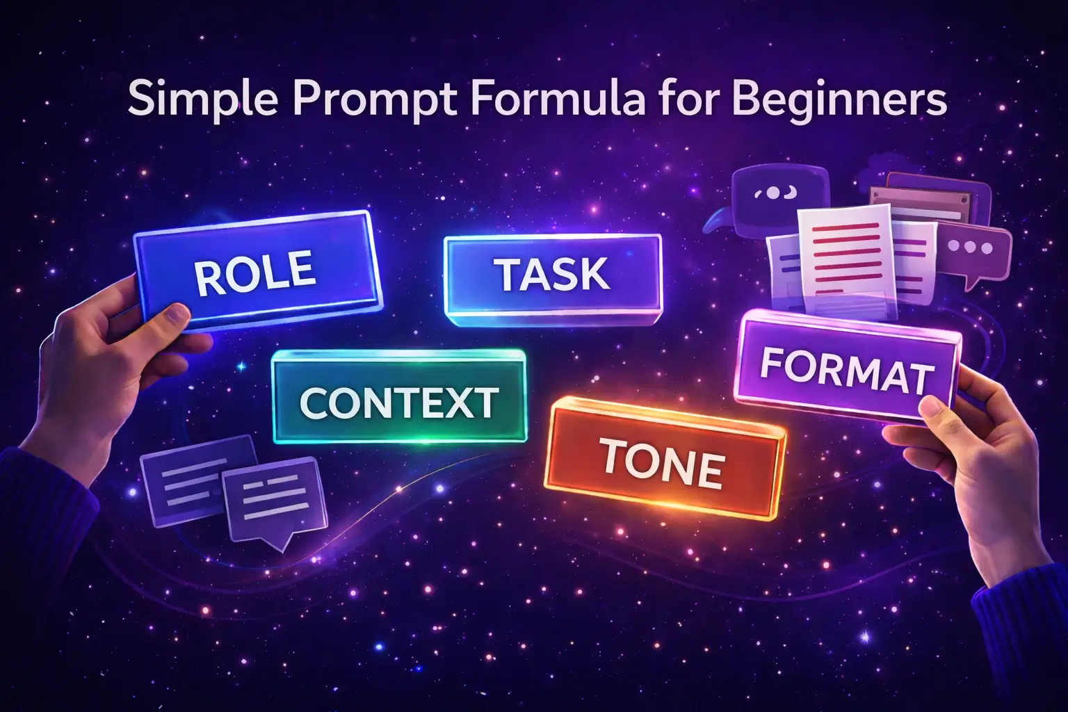 simple AI prompt formula showing role, task, context, format, and tone for better results