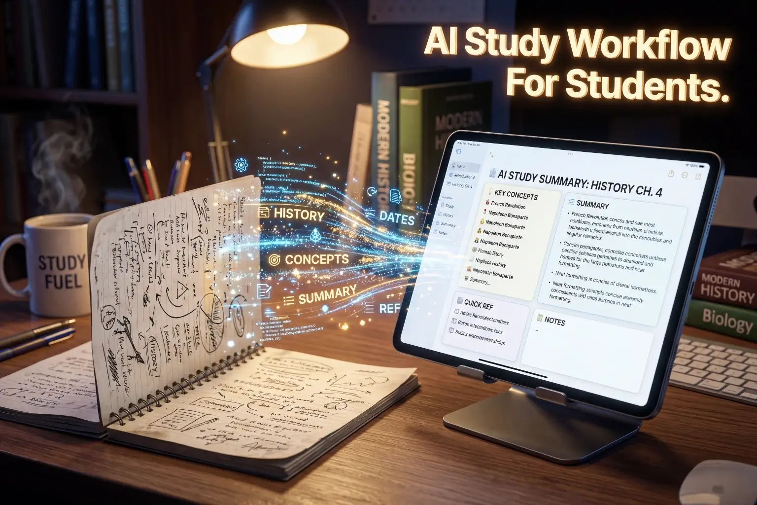 AI study workflow for students showing notes turning into summary concepts using AI tools