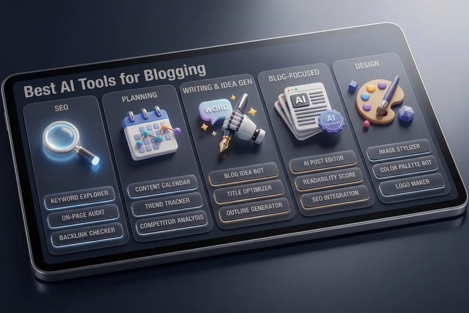 Illustration of best AI tools for blogging tasks like idea generation, planning, writing, and design.