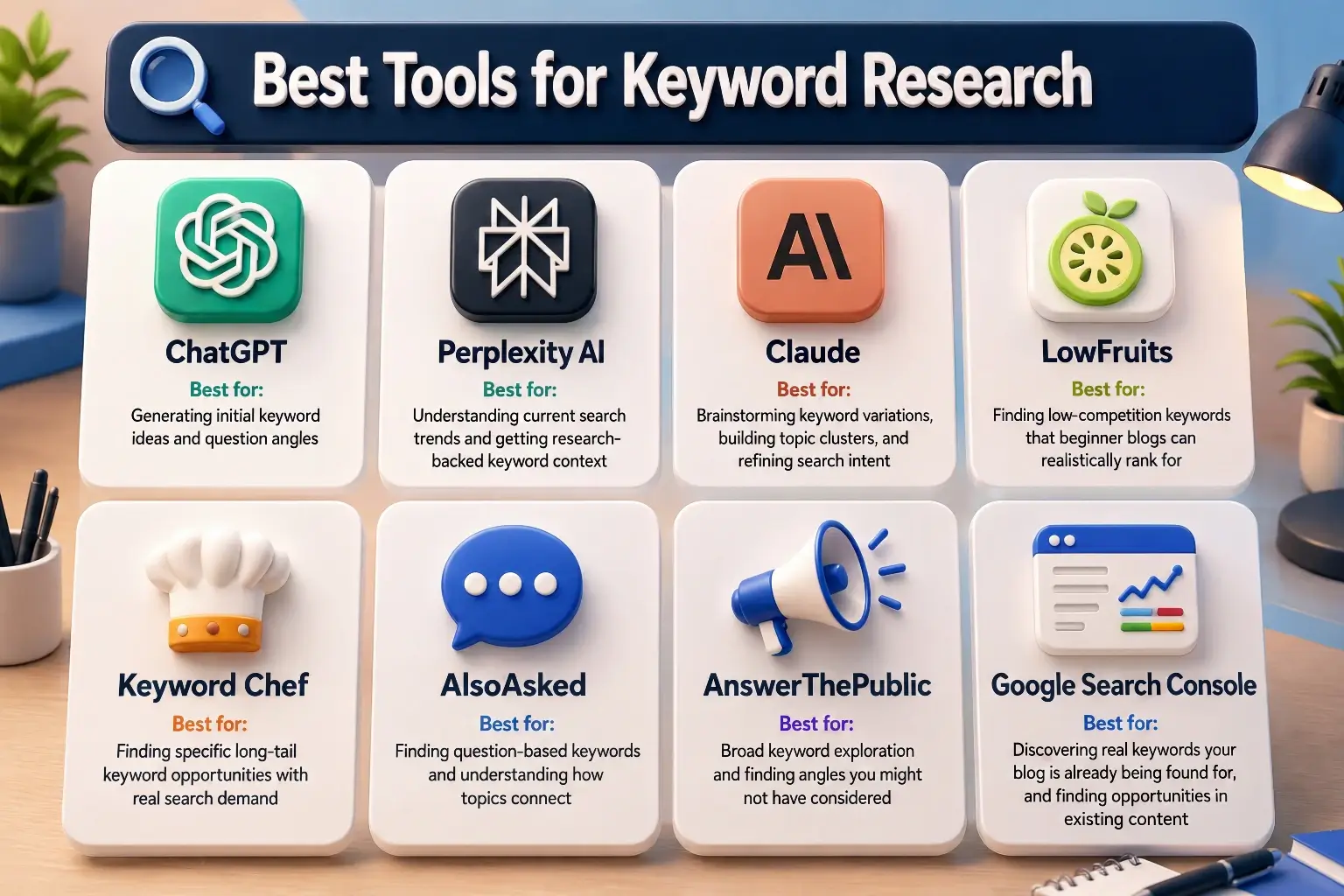 An infographic showing the eight best keyword research tools for bloggers including ChatGPT, Perplexity AI, Claude, LowFruits, Keyword Chef, AlsoAsked, AnswerThePublic, and Google Search Console with their best use cases