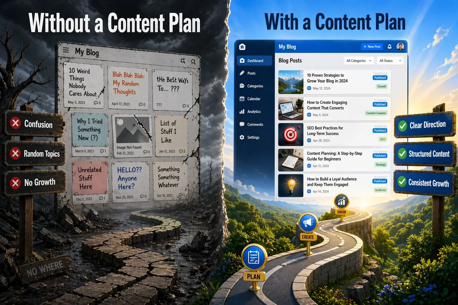 Comparison of a blog without a content plan showing confusion versus a blog with a content plan showing clear direction and consistent growth