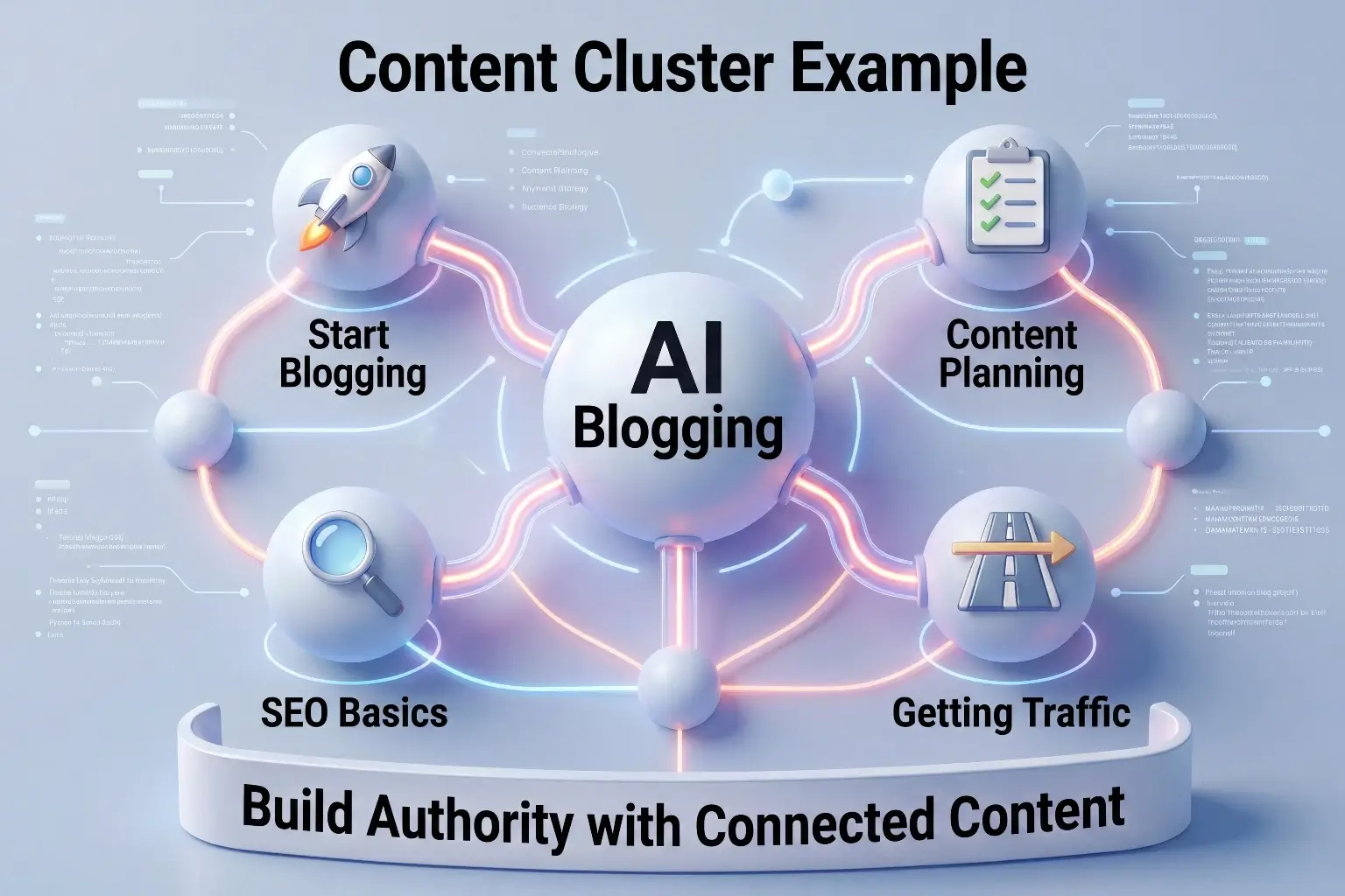 Content cluster example for AI blogging with four connected subtopics - start blogging, content planning, SEO basics, and getting traffic