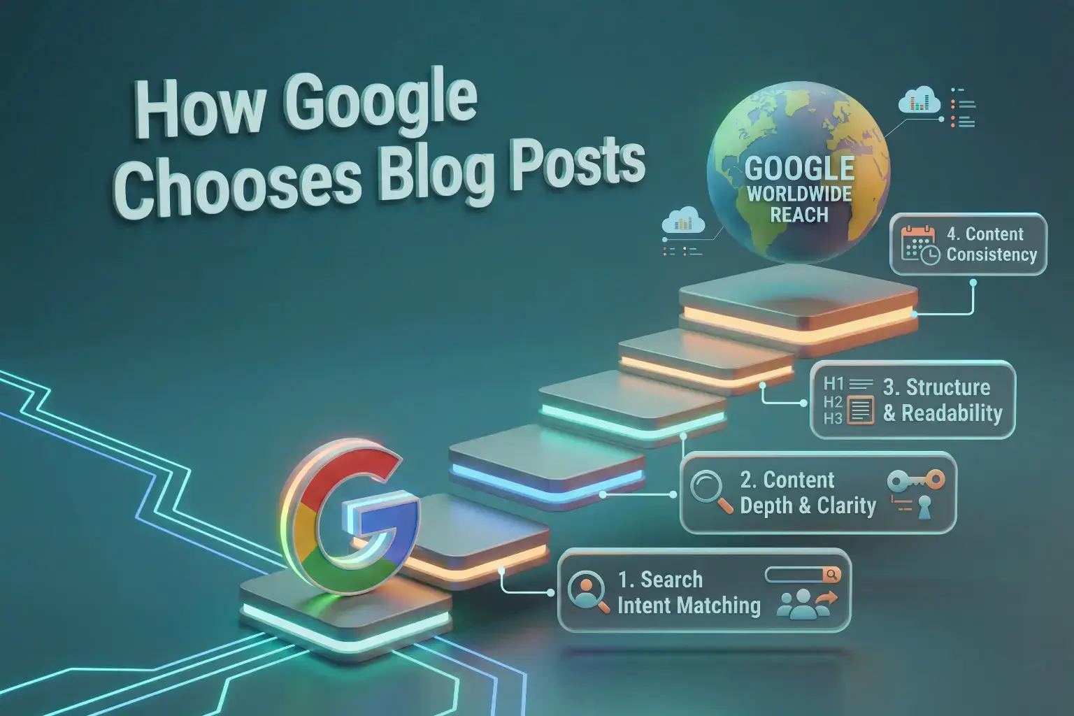 Infographic showing 4 steps on how Google chooses blog posts to rank