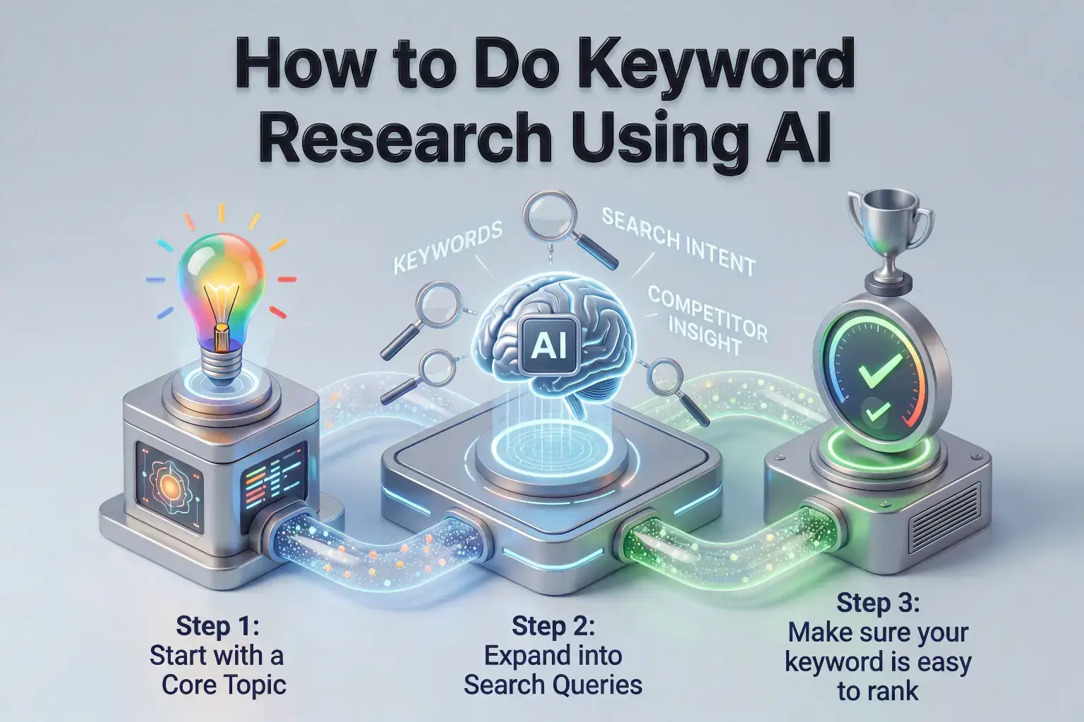 3-step infographic on how to do keyword research using AI