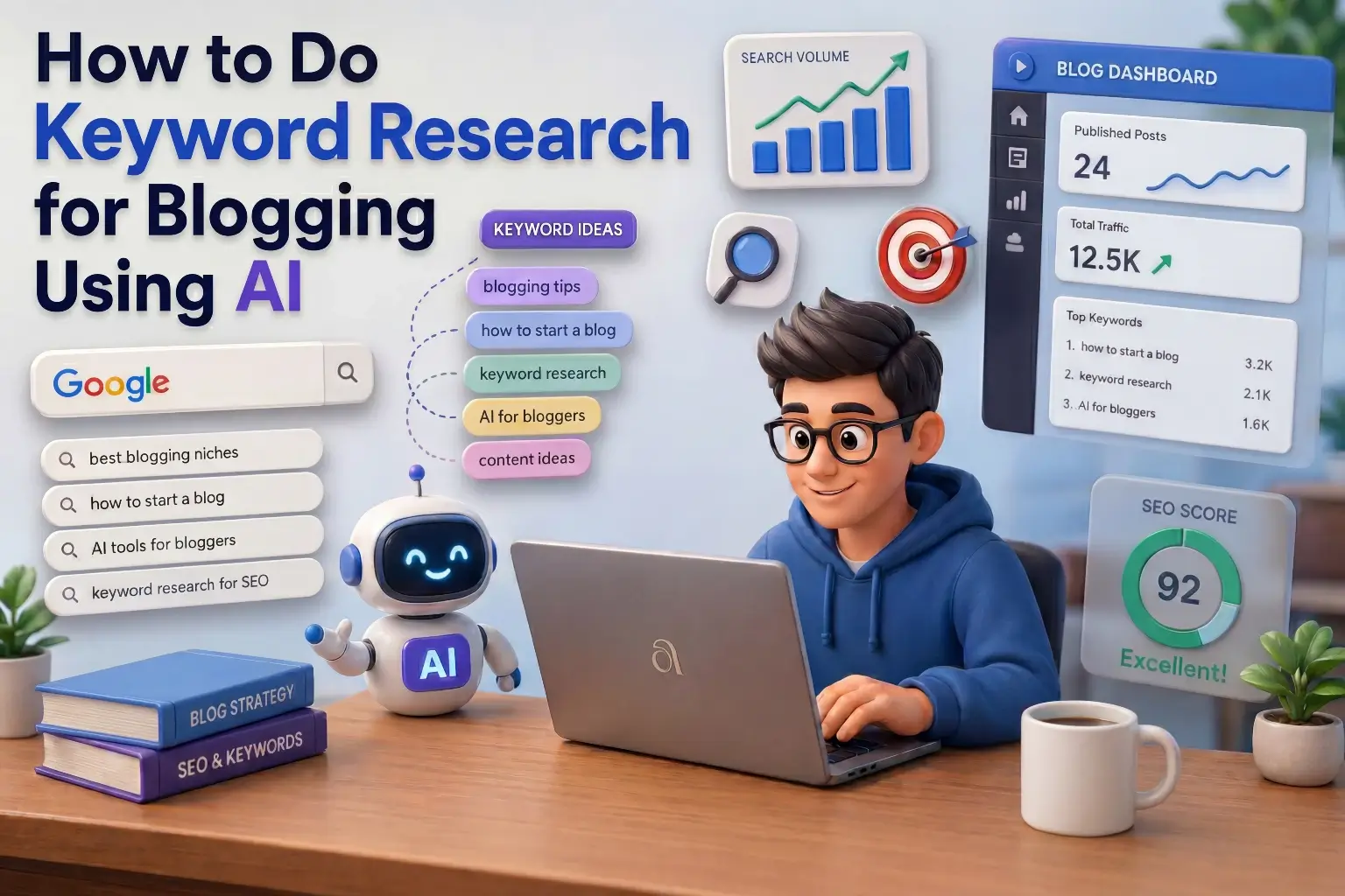 A 3D illustration of a blogger doing keyword research using AI tools on a laptop, with a blog dashboard, SEO score, and keyword ideas visible around him
