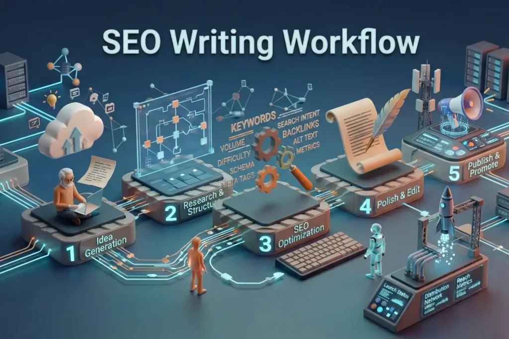 SEO writing workflow infographic showing 5 stages from idea generation to publishing