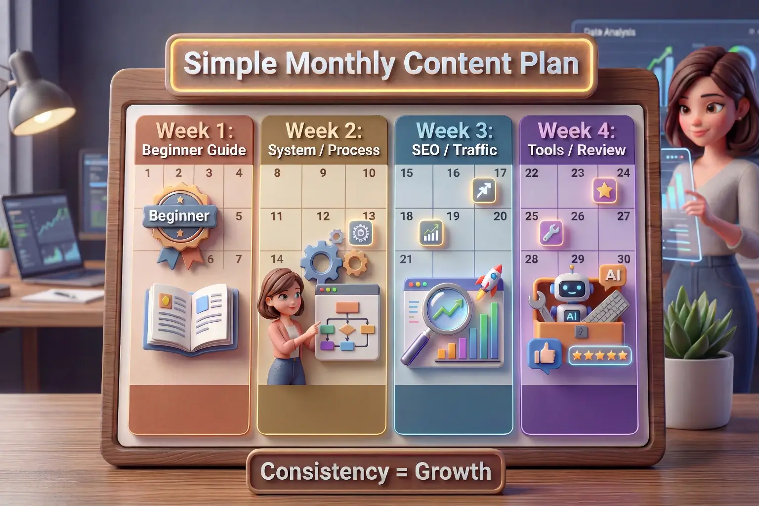 Simple monthly content plan for bloggers divided into four weeks - beginner guide, system, SEO, and tools review