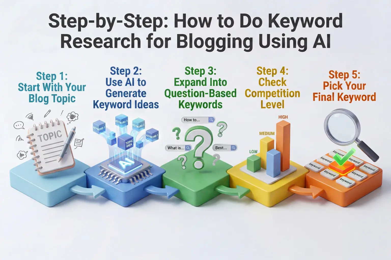 A step-by-step infographic showing how to do keyword research for blogging using AI, from choosing a blog topic to picking the final keyword across five connected steps