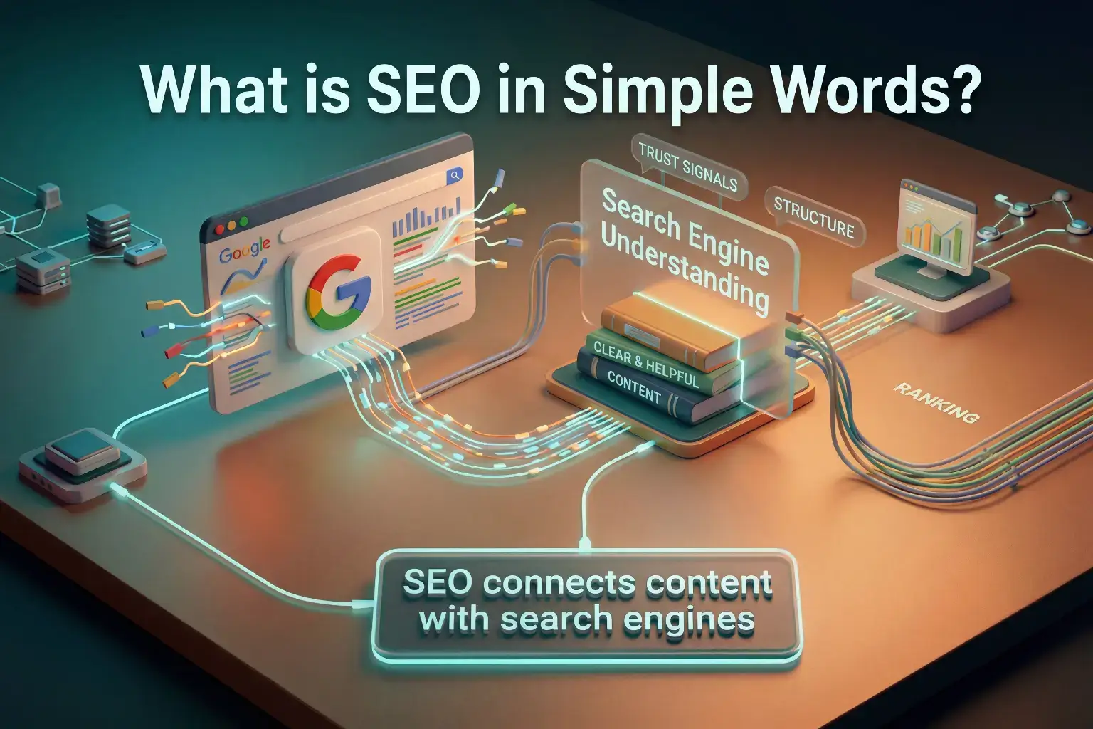Visual showing how SEO connects content with search engines for better ranking