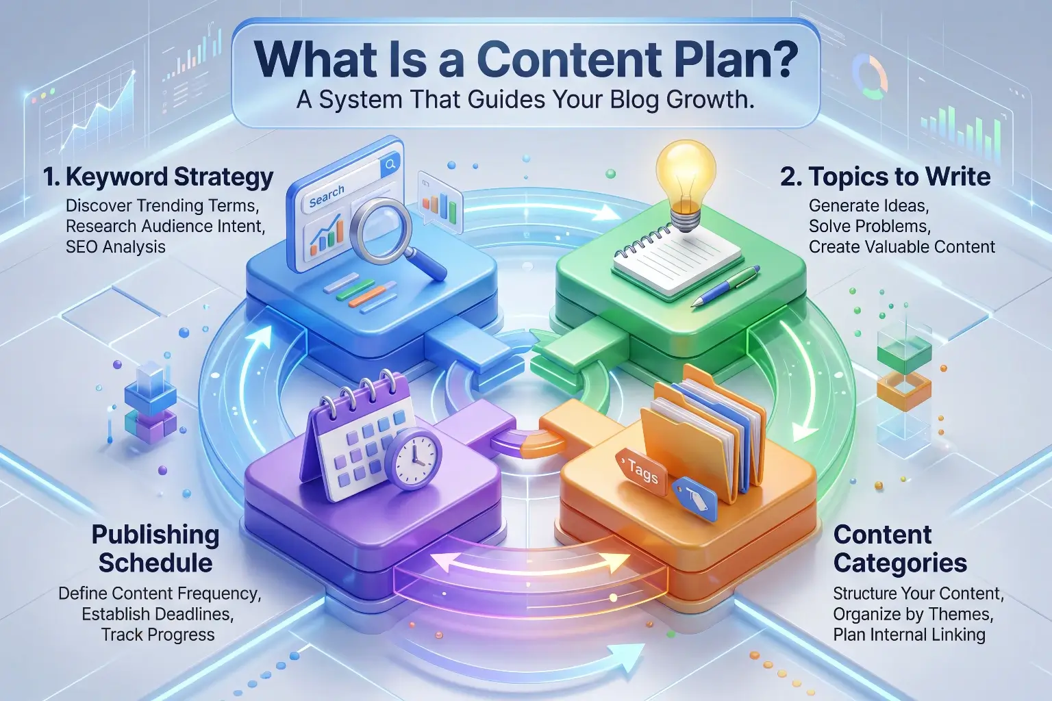 Diagram showing what a content plan is - keyword strategy, topics, content categories, and publishing schedule