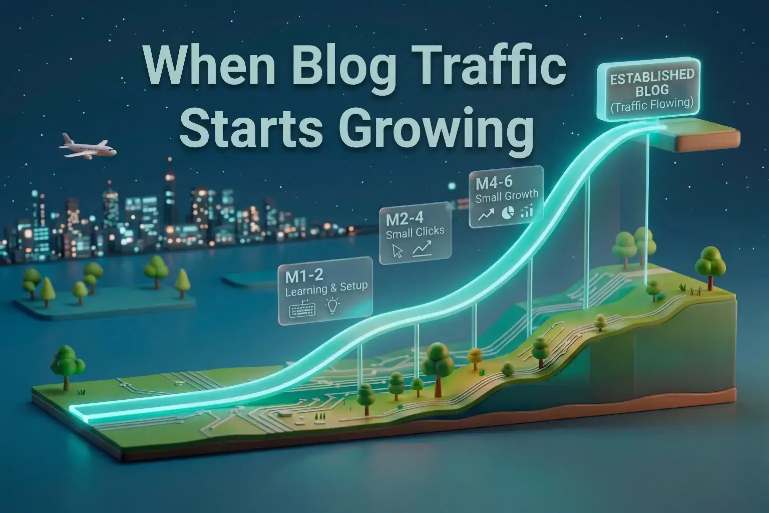 Timeline showing when blog traffic starts growing after publishing consistently