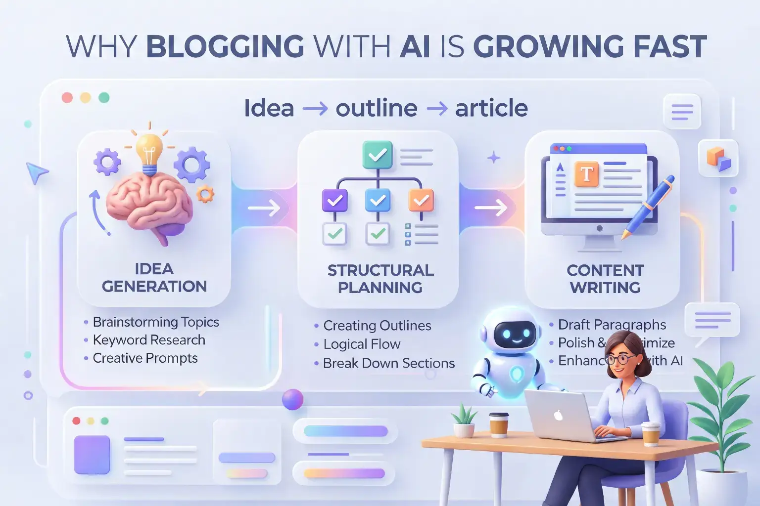 How to start blogging with AI, process showing idea generation, content planning, and article writing workflow.