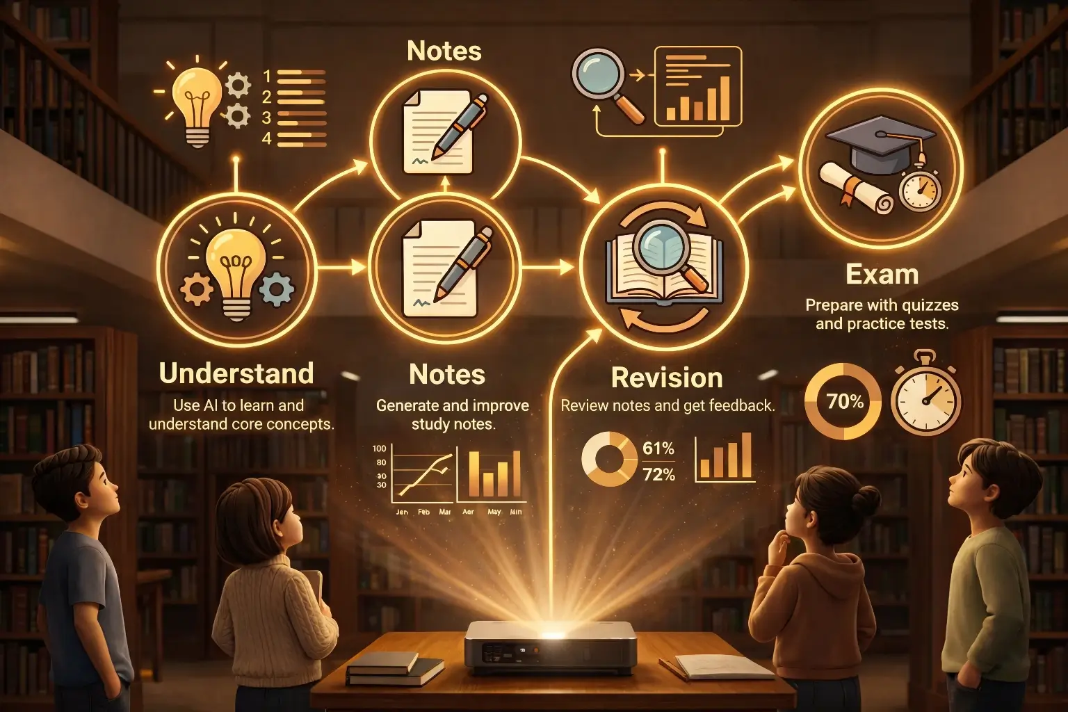 AI learning process for students from understanding, notes, revision to exam preparation