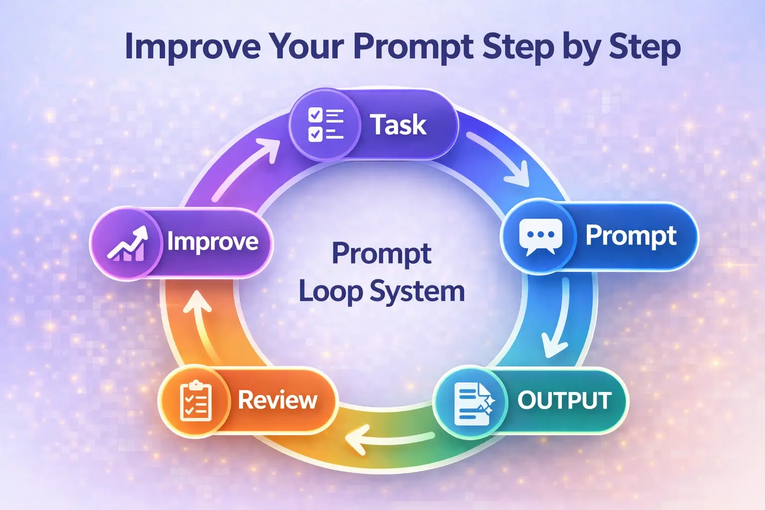how to write better prompts for AI,  simple workflow showing task, prompt, output, review, and improve steps in a loop