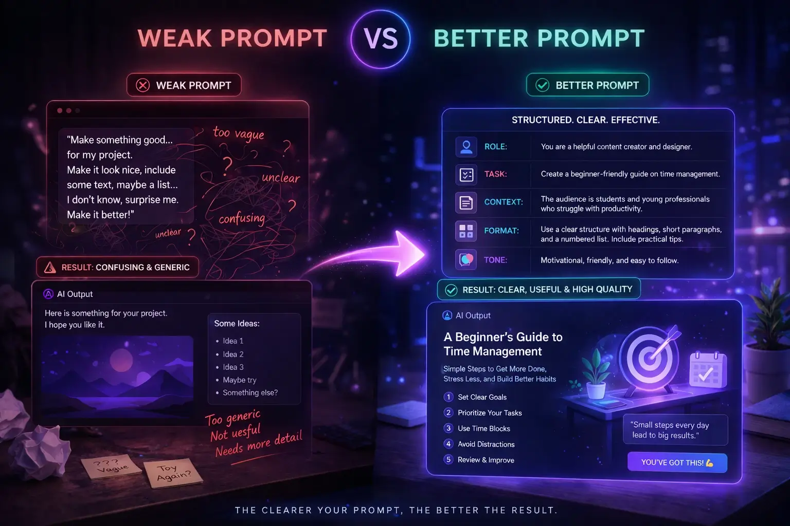weak vs better AI prompt example showing unclear input versus structured prompt with clear output