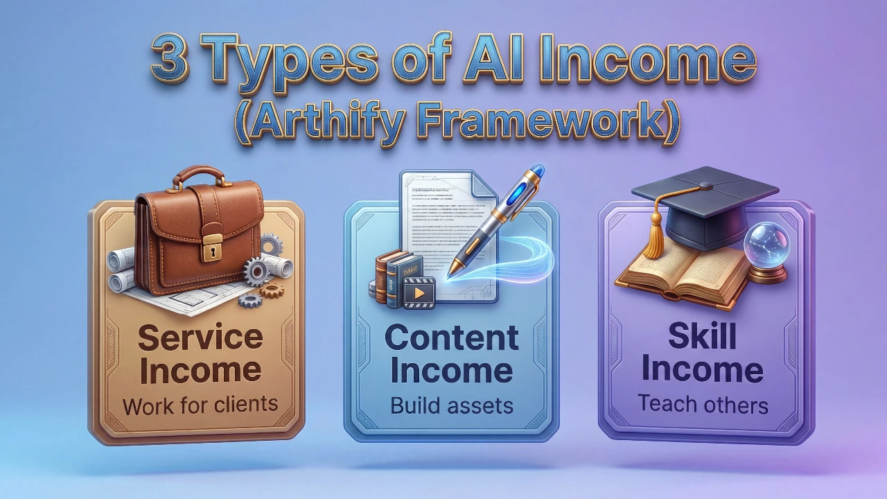 Arthify framework showing three types of AI income: service income for client work, content income for building assets, and skill income for teaching others