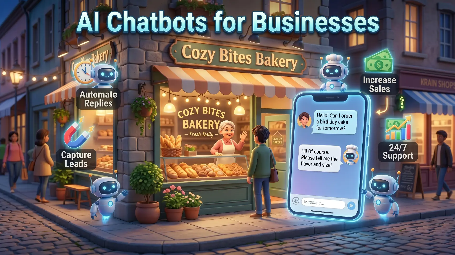 AI chatbot helping a local bakery automate replies, capture leads, and provide 24/7 customer support