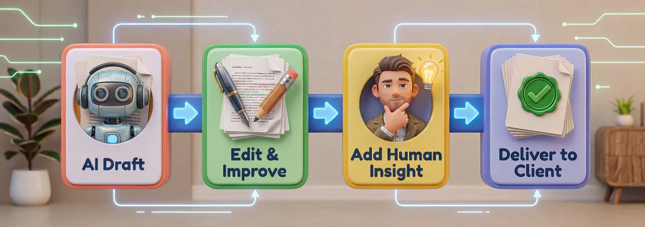 AI content writing workflow diagram with four steps: create AI draft, edit and improve, add human insight, and deliver to client