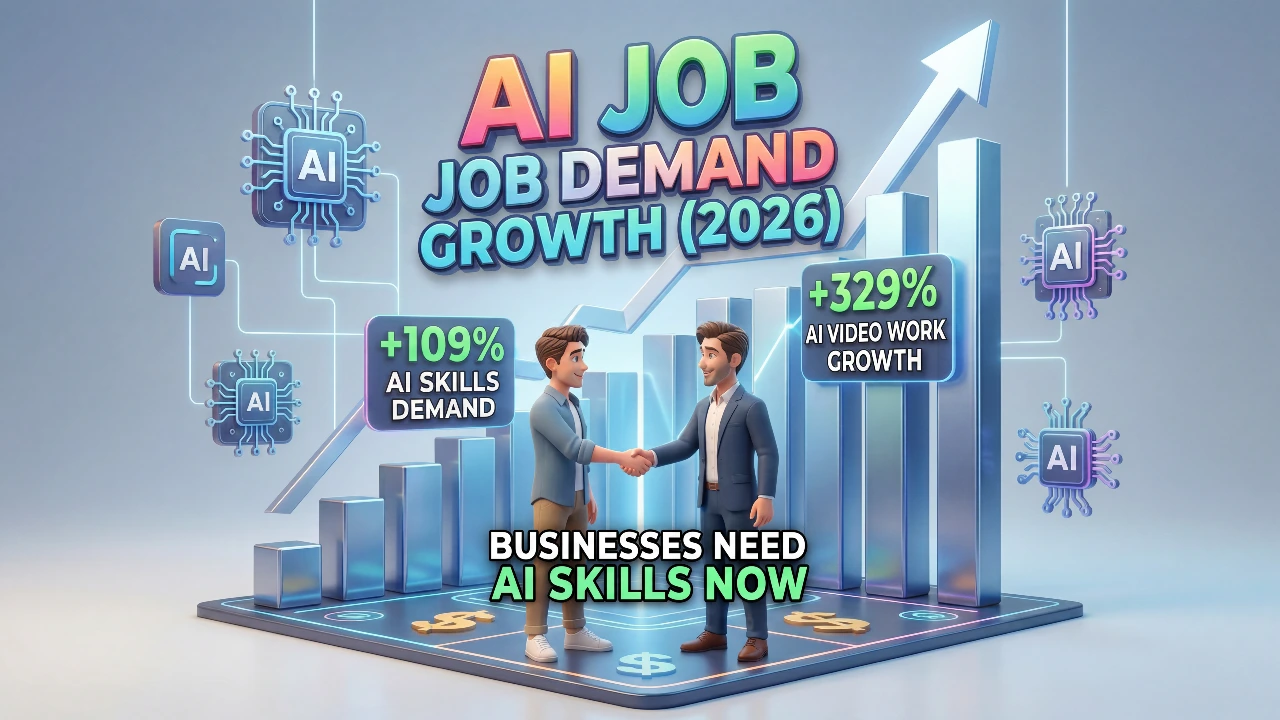 AI job demand growth chart for 2026 showing 109% increase in AI skills demand and 329% growth in AI video work