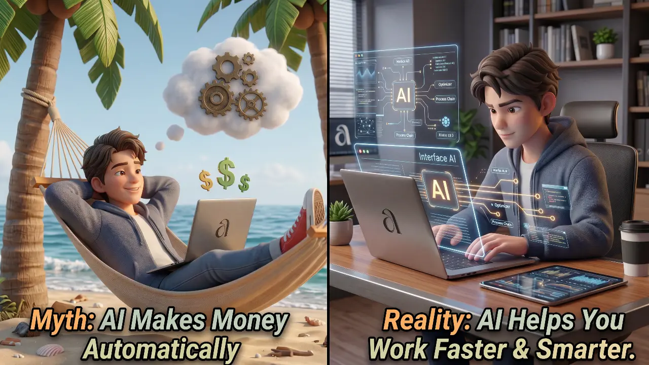Myth vs Reality comparison showing AI does not make money automatically but helps you work faster and smarter
