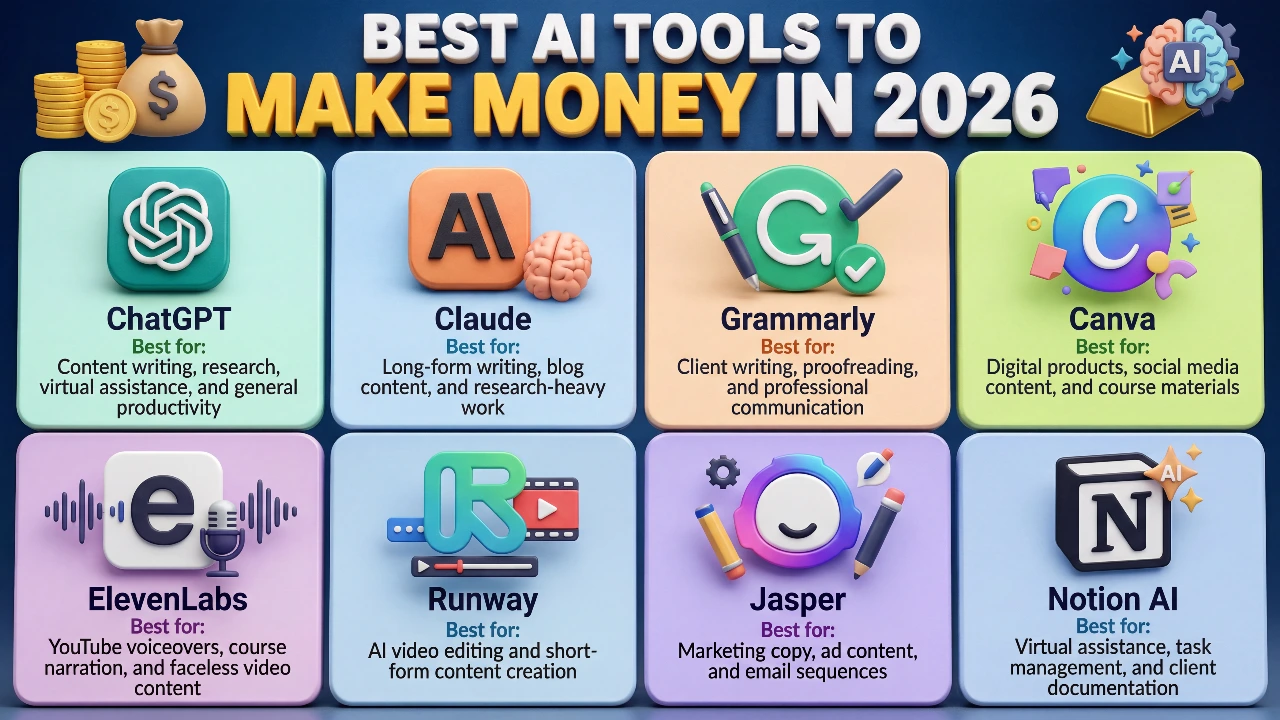 Best AI tools to make money online in 2026 including ChatGPT, Claude, Grammarly, Canva, ElevenLabs, Runway, Jasper, and Notion AI with their best use cases