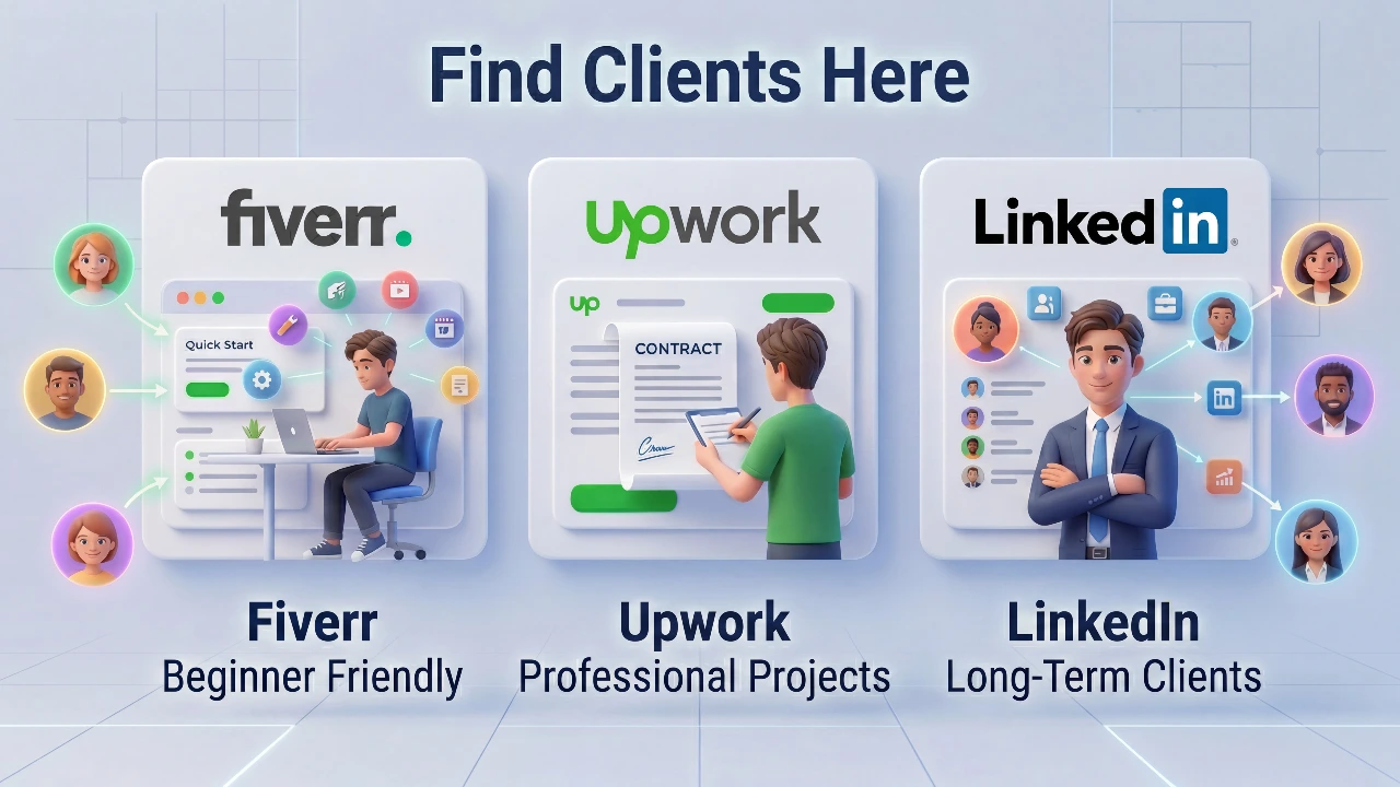 Three best platforms to find AI freelance clients: Fiverr for beginners, Upwork for professional projects, and LinkedIn for long-term clients