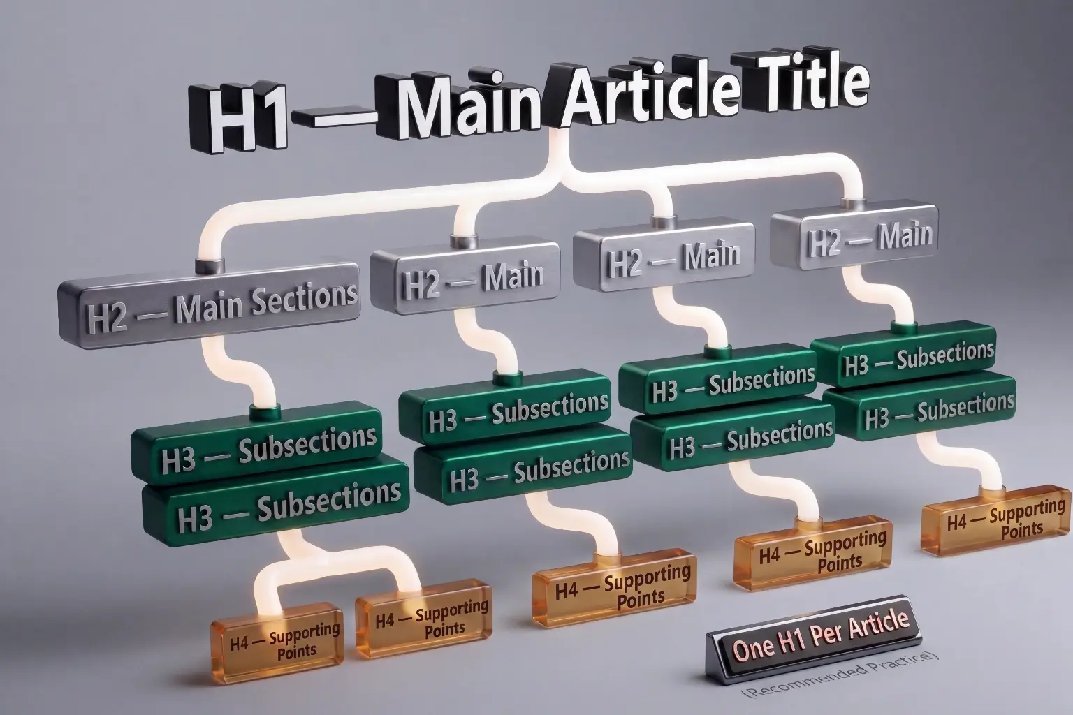 Blog post heading structure diagram showing one H1 as the main article title branching into H2 main sections, H3 subsections, and H4 supporting points with a note to use one H1 per article