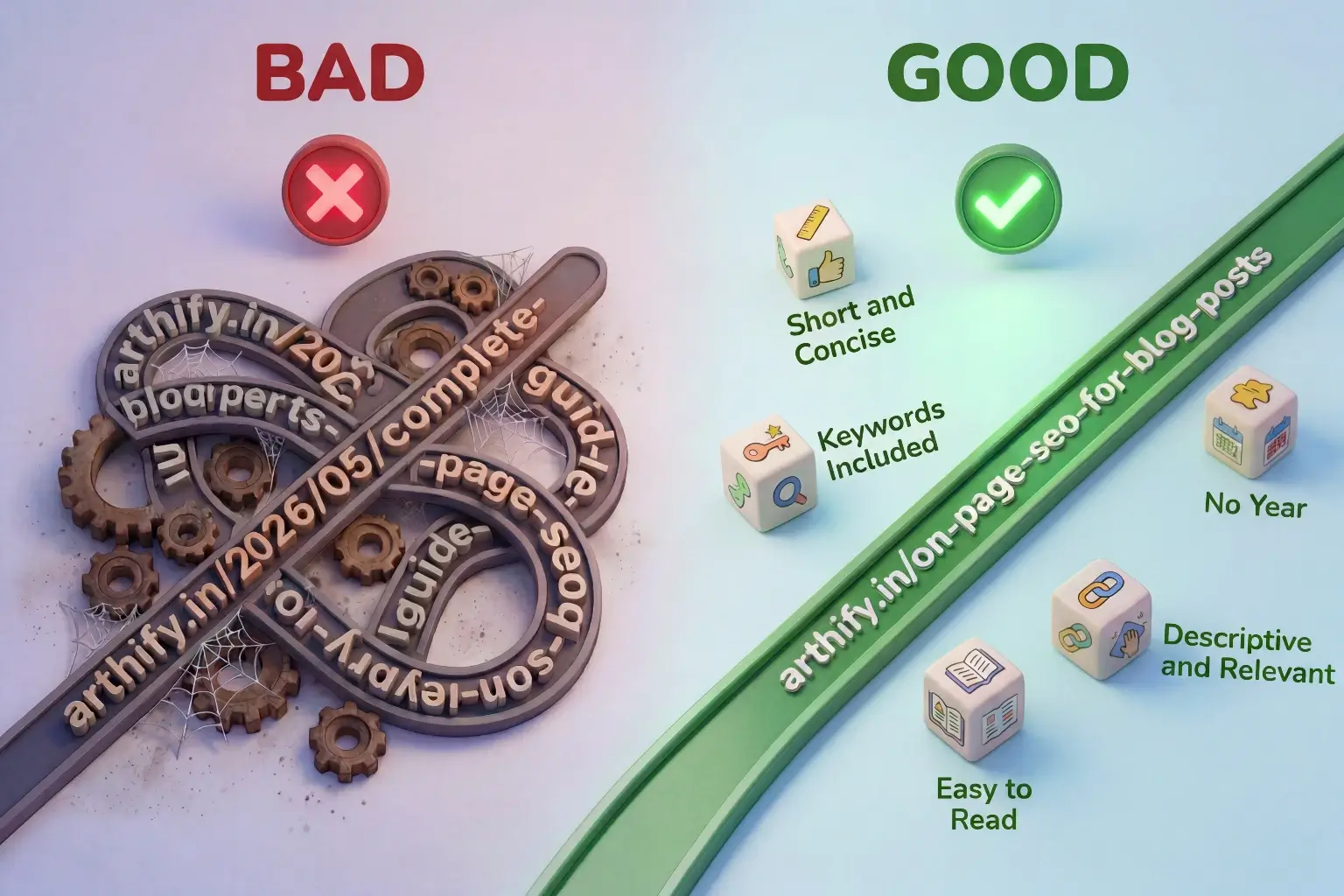Comparison of a bad URL slug that is long and confusing versus a good URL slug that is short, keyword-rich, descriptive, easy to read, and contains no year