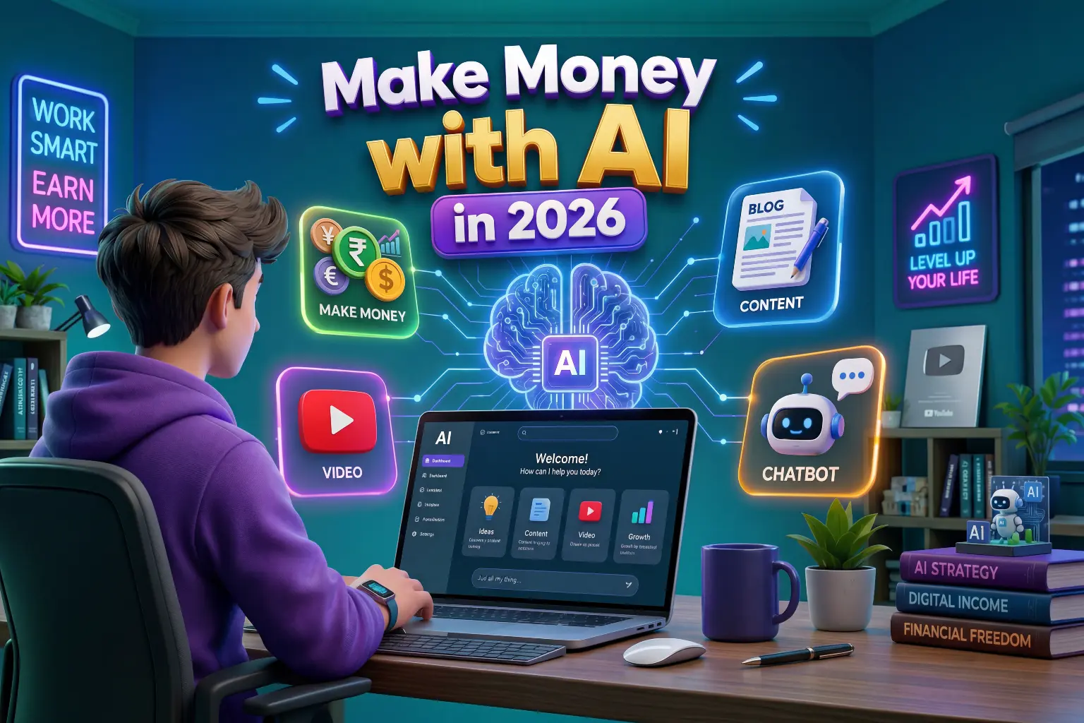 Beginner's guide to making money with AI in 2026 showing content, video, and chatbot income methods