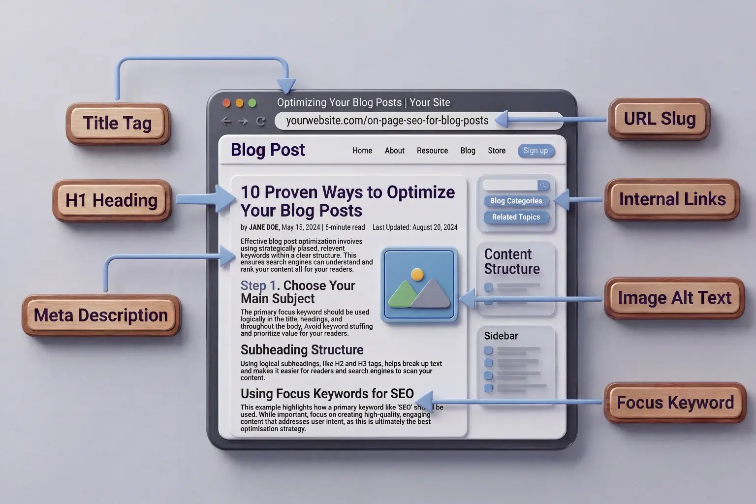 Diagram of on-page SEO for blog posts elements including title tag, URL slug, H1 heading, meta description, internal links, image alt text, focus keyword, and content structure
