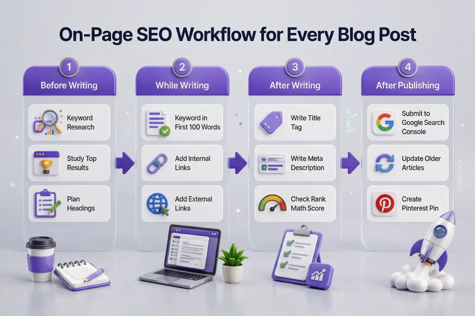 On-page SEO workflow for every blog post showing four stages: before writing with keyword research and heading plan, while writing with internal and external links, after writing with title tag and meta description, and after publishing with Google Search Console submission