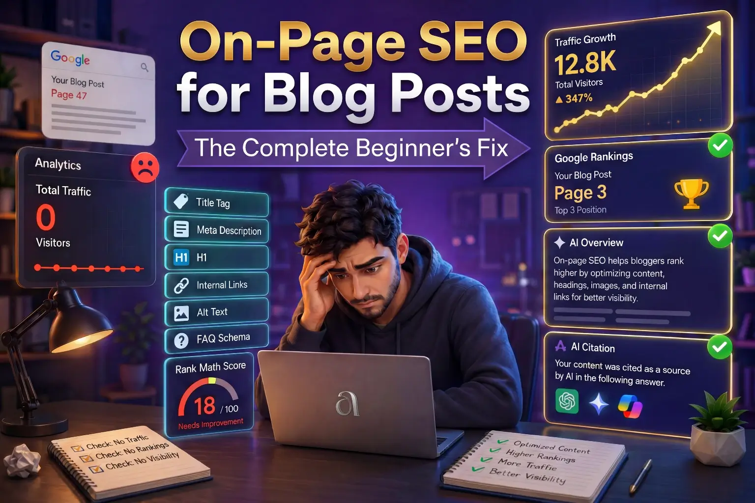 On-page SEO guide for blog posts showing key elements including title tag, meta description, H1, internal links, alt text, and FAQ schema to improve Google rankings