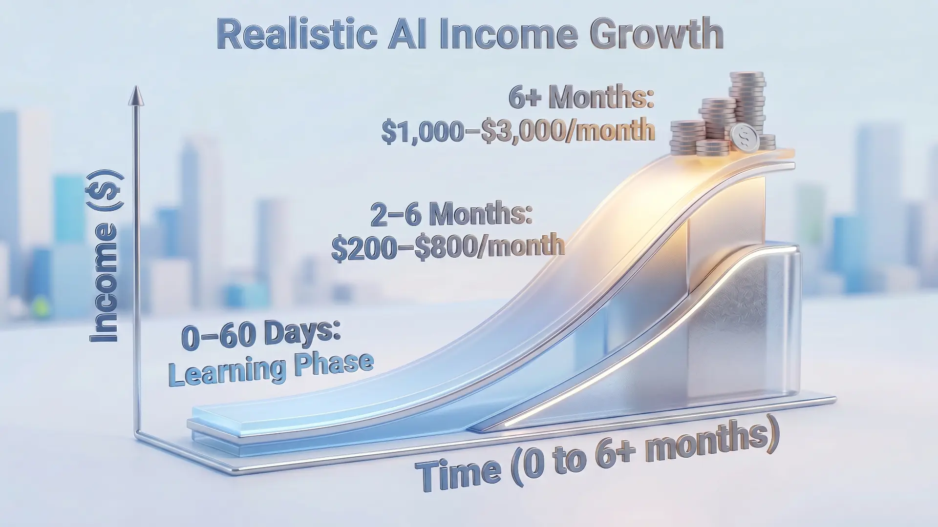 Realistic AI income growth timeline showing three phases: learning phase in the first 60 days, $200 to $800 per month between 2 to 6 months, and $1,000 to $3,000 per month after 6 months