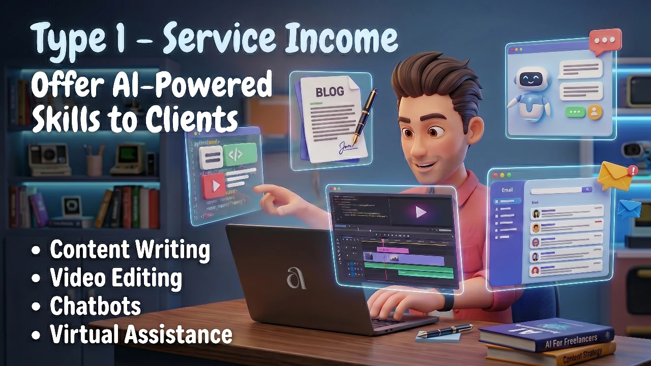Type 1 service income infographic showing how to offer AI-powered freelance skills to clients including content writing, video editing, chatbots, and virtual assistance