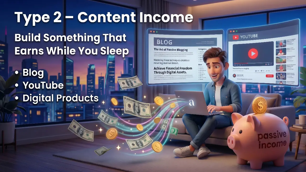 Type 2 content income infographic showing how to earn passive income through a blog, YouTube, and digital products using AI