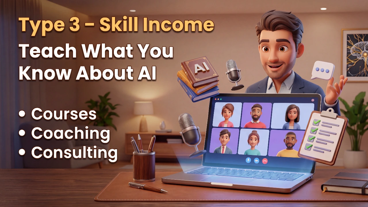 Type 3 skill income infographic showing how to earn money by teaching AI through online courses, coaching, and consulting