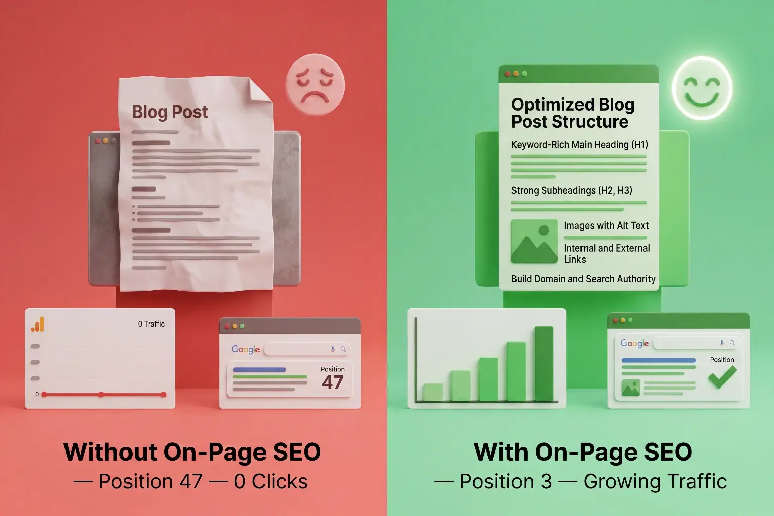 Side by side comparison showing a blog post without on-page SEO ranking at position 47 with zero traffic versus a blog post with on-page SEO ranking at position 3 with growing traffic