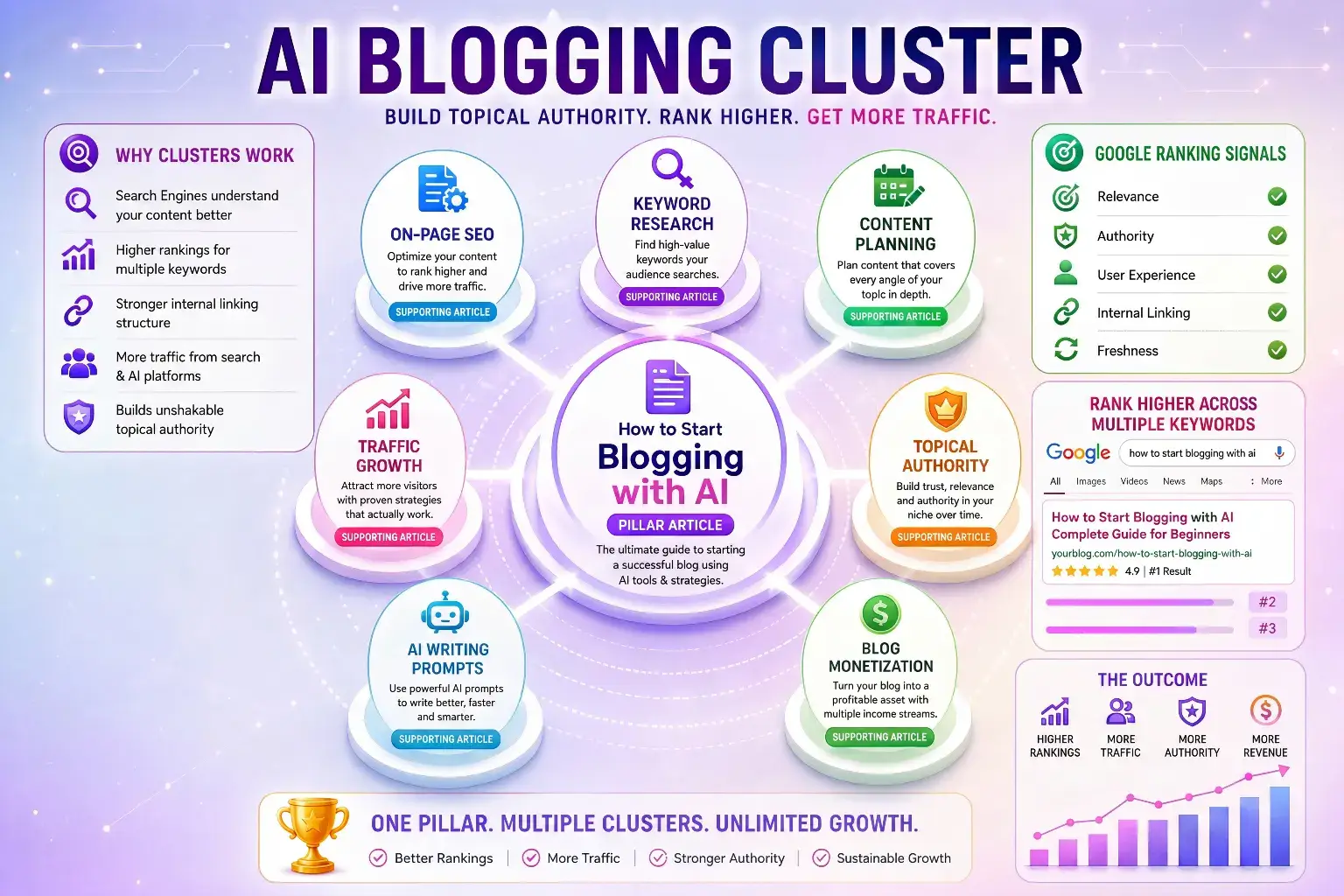 AI blogging topic cluster map showing the pillar article how to start blogging with AI at the center connected to six supporting articles on keyword research, on-page SEO, content planning, topical authority, blog monetization, AI writing prompts, and traffic growth
