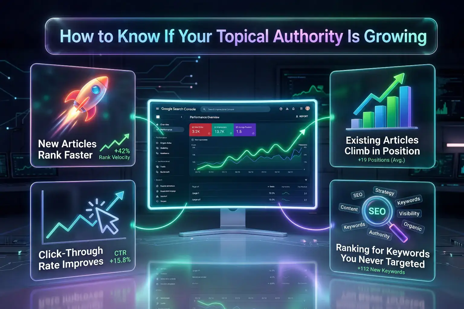 Infographic showing four signs that your topical authority is growing: new articles rank faster with 42% rank velocity, existing articles climb in position by an average of 19 places, click-through rate improves by 15.8%, and you start ranking for keywords you never targeted with 112 new keywords