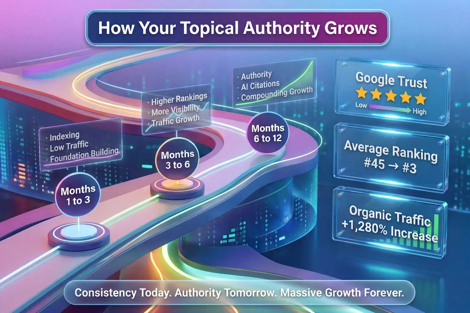 Timeline showing how topical authority grows over 12 months with three phases: months 1 to 3 for indexing and foundation building, months 3 to 6 for higher rankings and traffic growth, and months 6 to 12 for authority, AI citations, and compounding growth