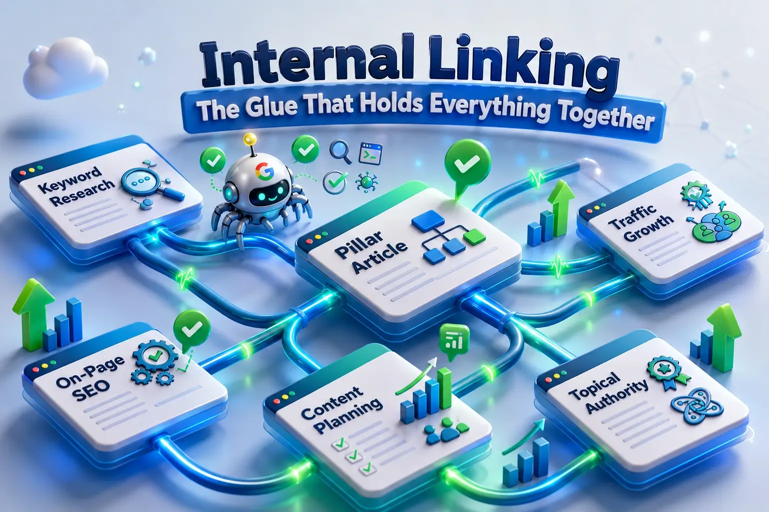 Internal linking diagram showing a pillar article connected to supporting pages including keyword research, on-page SEO, content planning, traffic growth, and topical authority