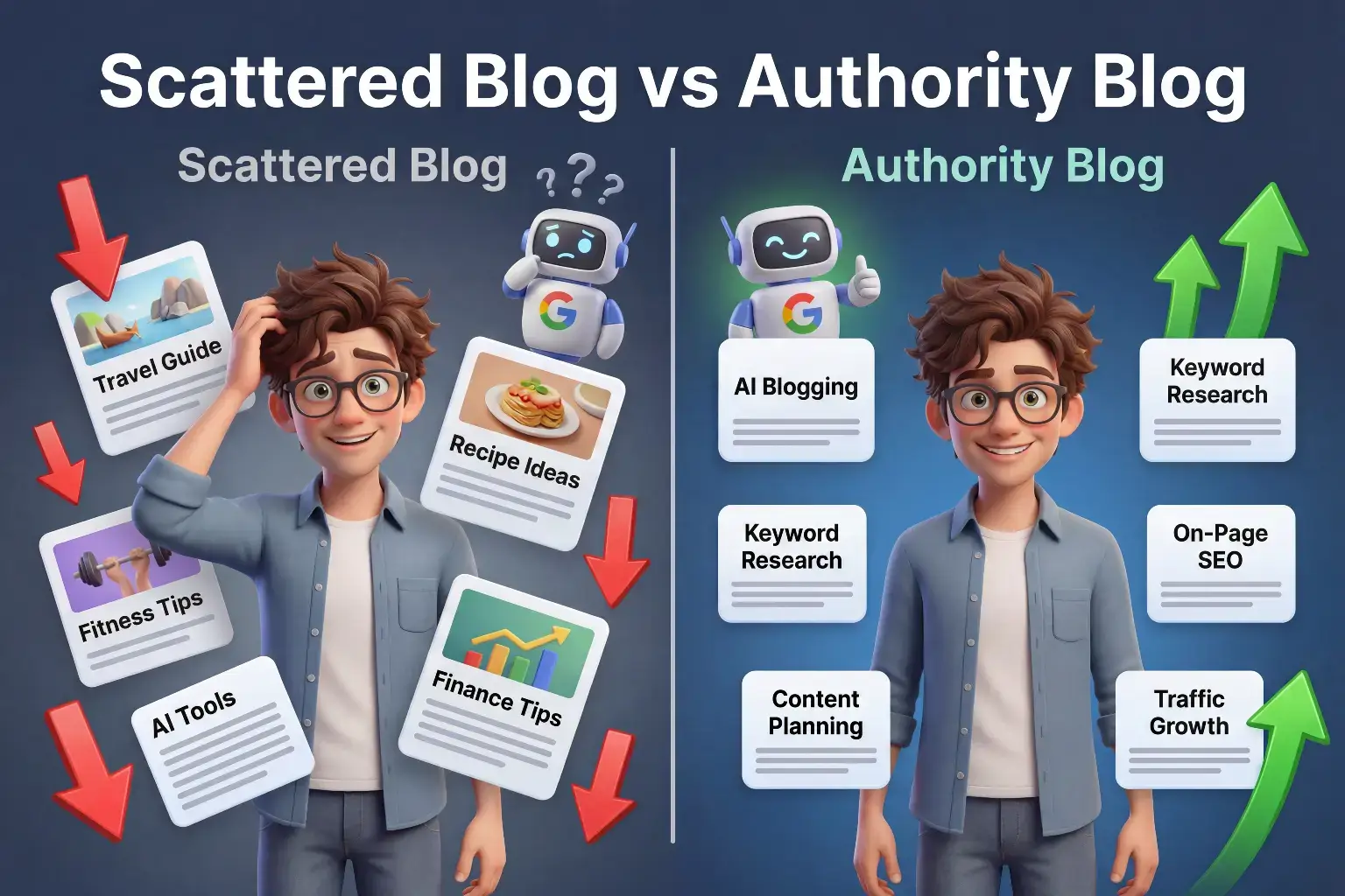 Comparison between a scattered blog covering unrelated topics like travel, fitness, and recipes versus an authority blog focused on AI blogging, keyword research, content planning, and on-page SEO to rank higher on Google
