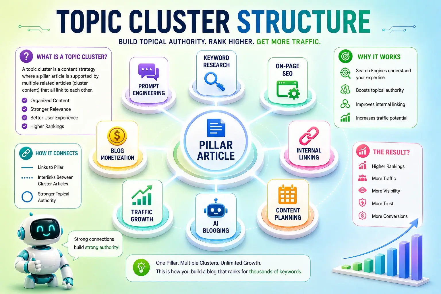Topic cluster structure infographic showing a pillar article at the center connected to supporting articles on keyword research, on-page SEO, content planning, AI blogging, traffic growth, blog monetization, and internal linking