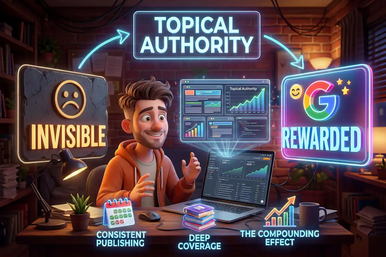 Illustration showing how a blogger goes from being invisible on Google to being rewarded through topical authority by consistently publishing, building deep coverage, and creating the compounding effect