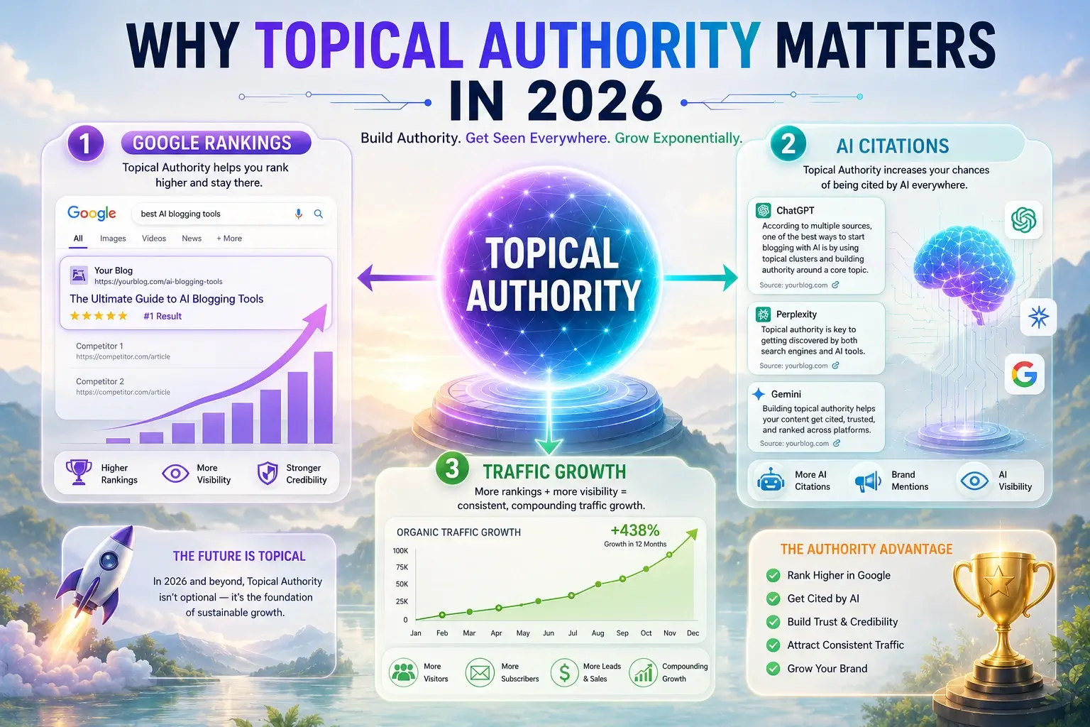Infographic explaining why topical authority matters in 2026 showing its three benefits: higher Google rankings, more AI citations from tools like ChatGPT and Perplexity, and compounding organic traffic growth