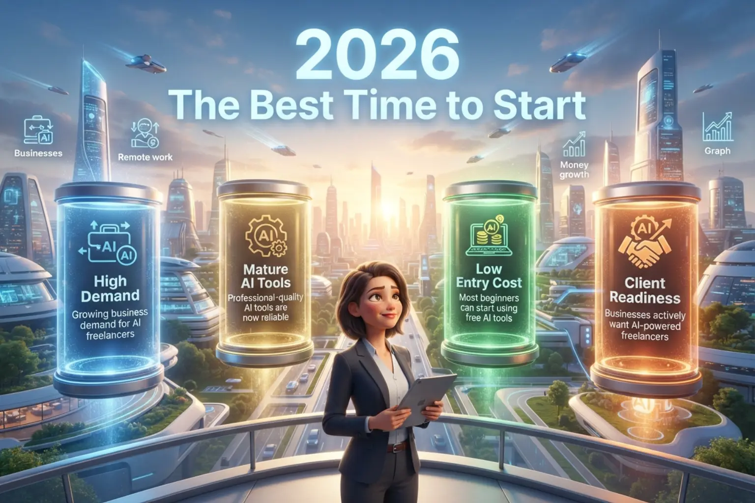 Infographic showing why 2026 is the best time to start AI freelancing due to high business demand, mature AI tools, low entry cost, and client readiness