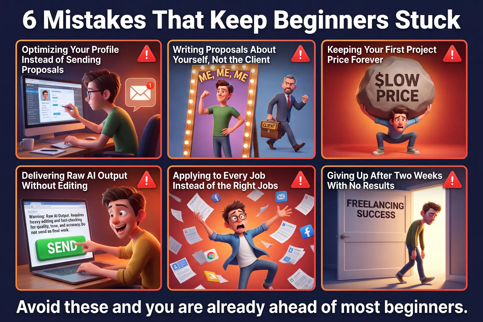 Six common mistakes that keep freelancing beginners stuck including optimizing your profile instead of sending proposals, writing proposals about yourself, keeping your first project price forever, delivering raw AI output, applying to every job, and giving up after two weeks
