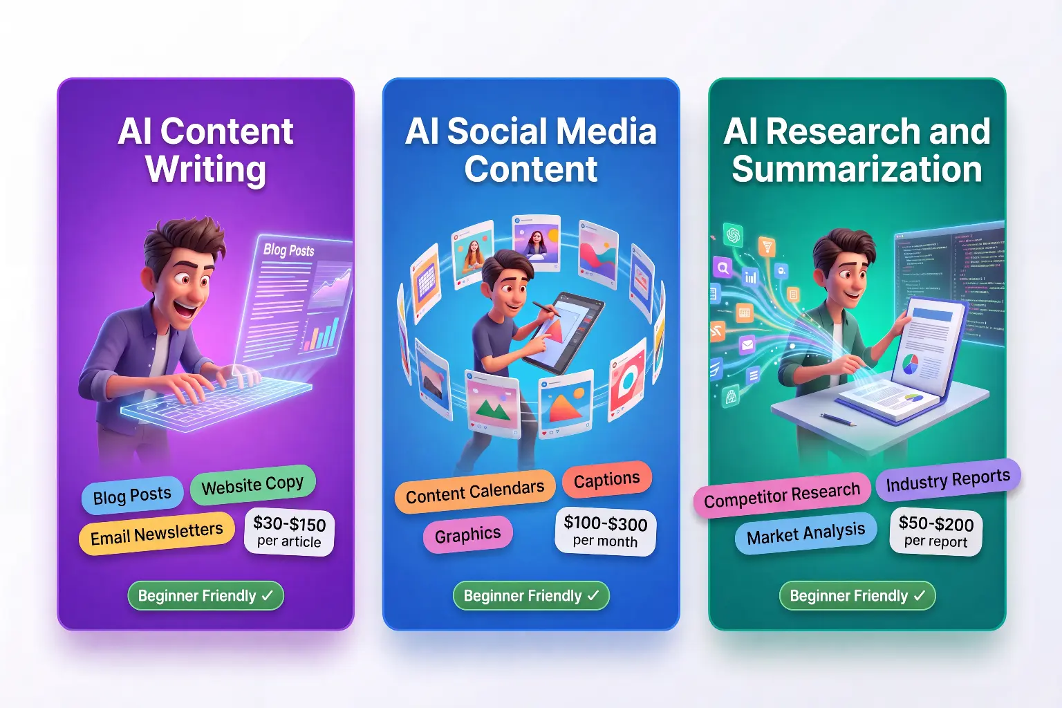 Three beginner-friendly AI freelancing services with pricing: AI content writing at $30 to $150 per article, AI social media content at $100 to $300 per month, and AI research and summarization at $50 to $200 per report